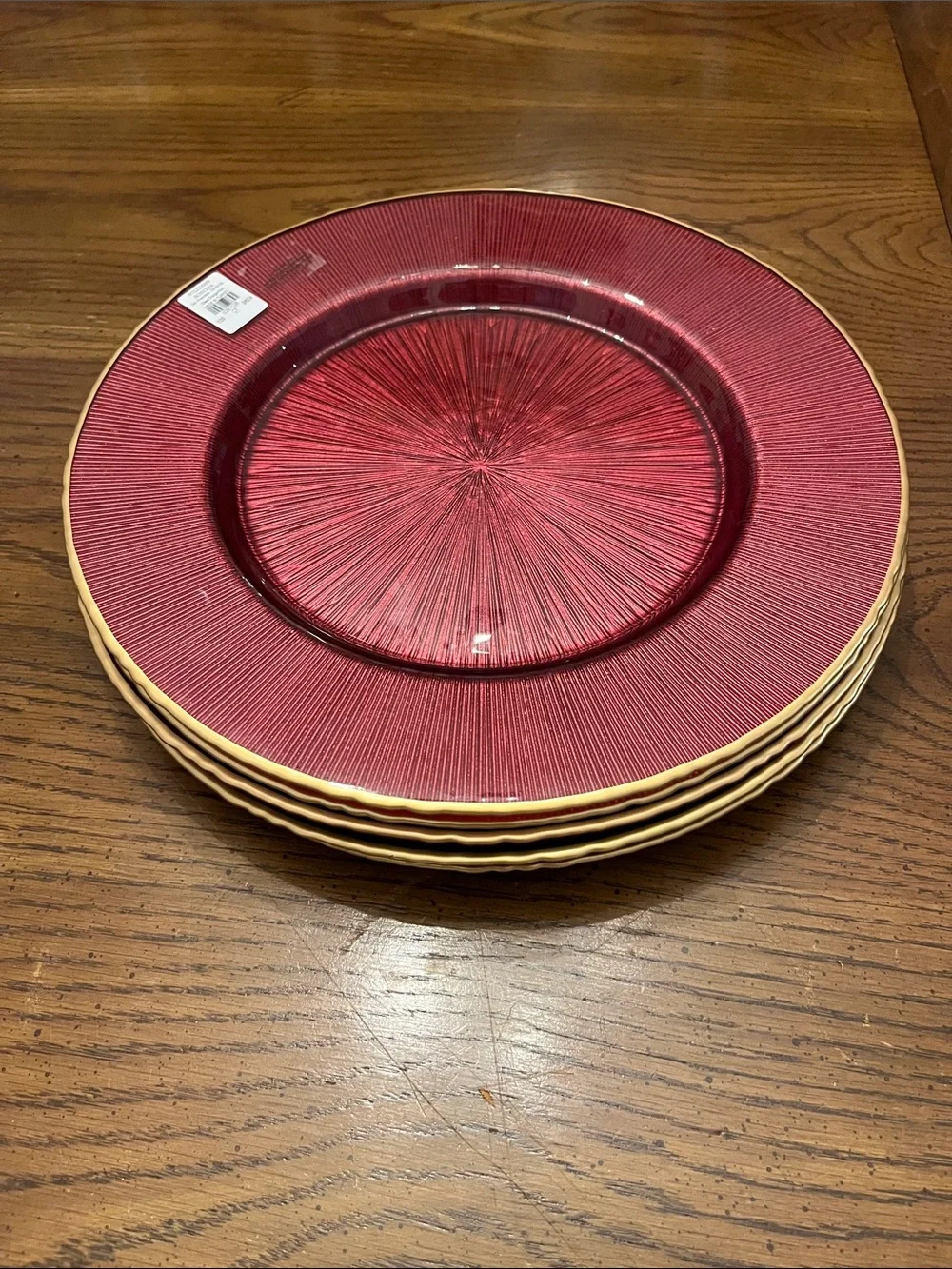 Williams Sonoma Red Charger Glass Plates with Gold Trim, new with tags